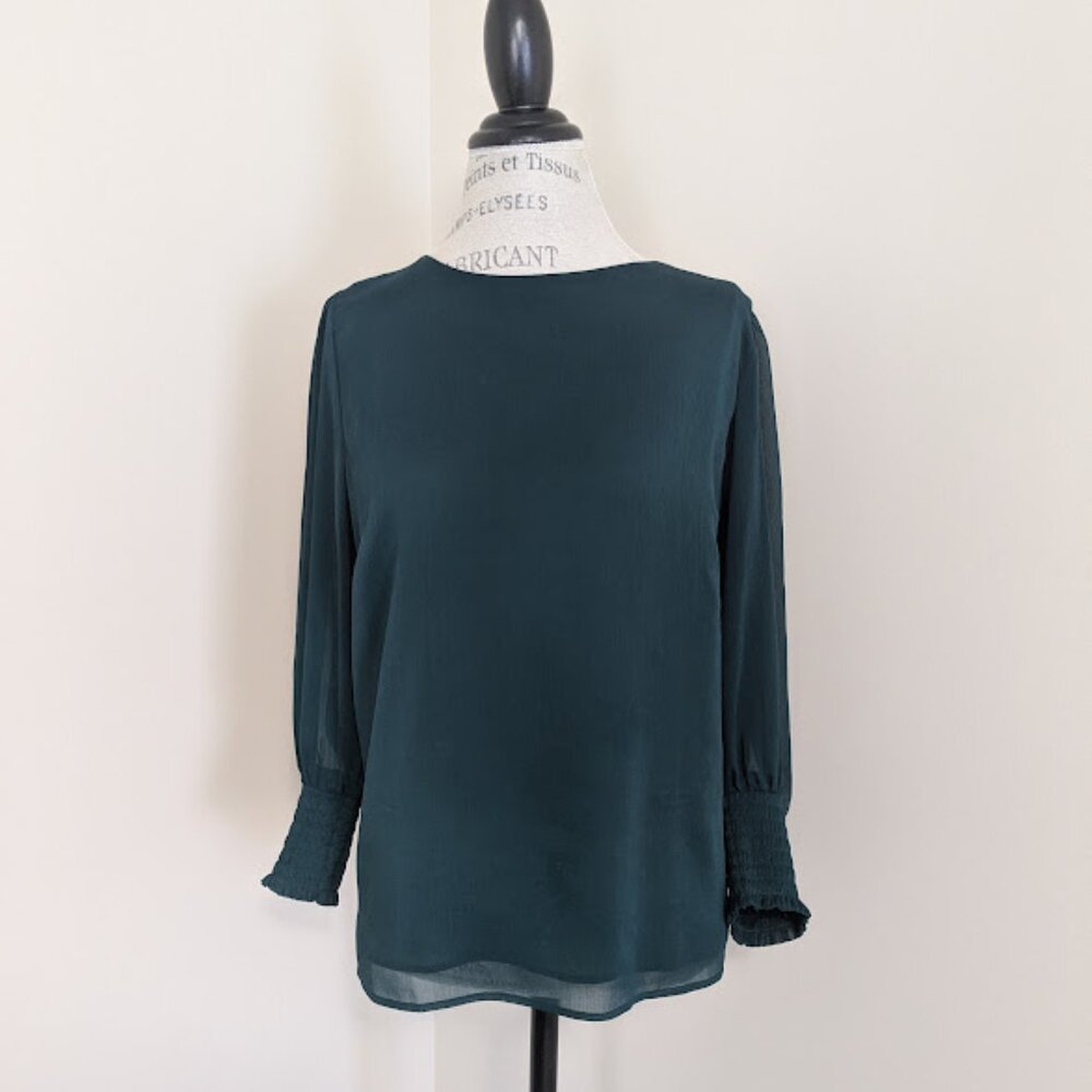 Ann Taylor dark green smocked cuff chiffon blouse